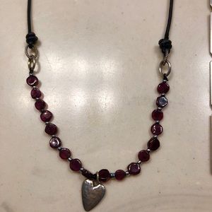 Garnet colored beaded necklace w/silver heart